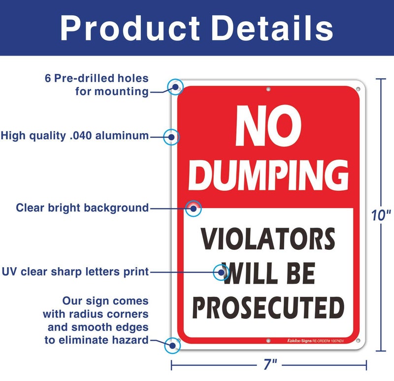 Faittoo (2 Pack) No Dumping Sign, Violators Will Be Prosecuted Sign, 10" x 7" Rust Free .40 Aluminum, UV Protected, Weather Resistant, Waterproof, Durable Inkï¼ŒEasy to Mount Red/Black on White - Image 2